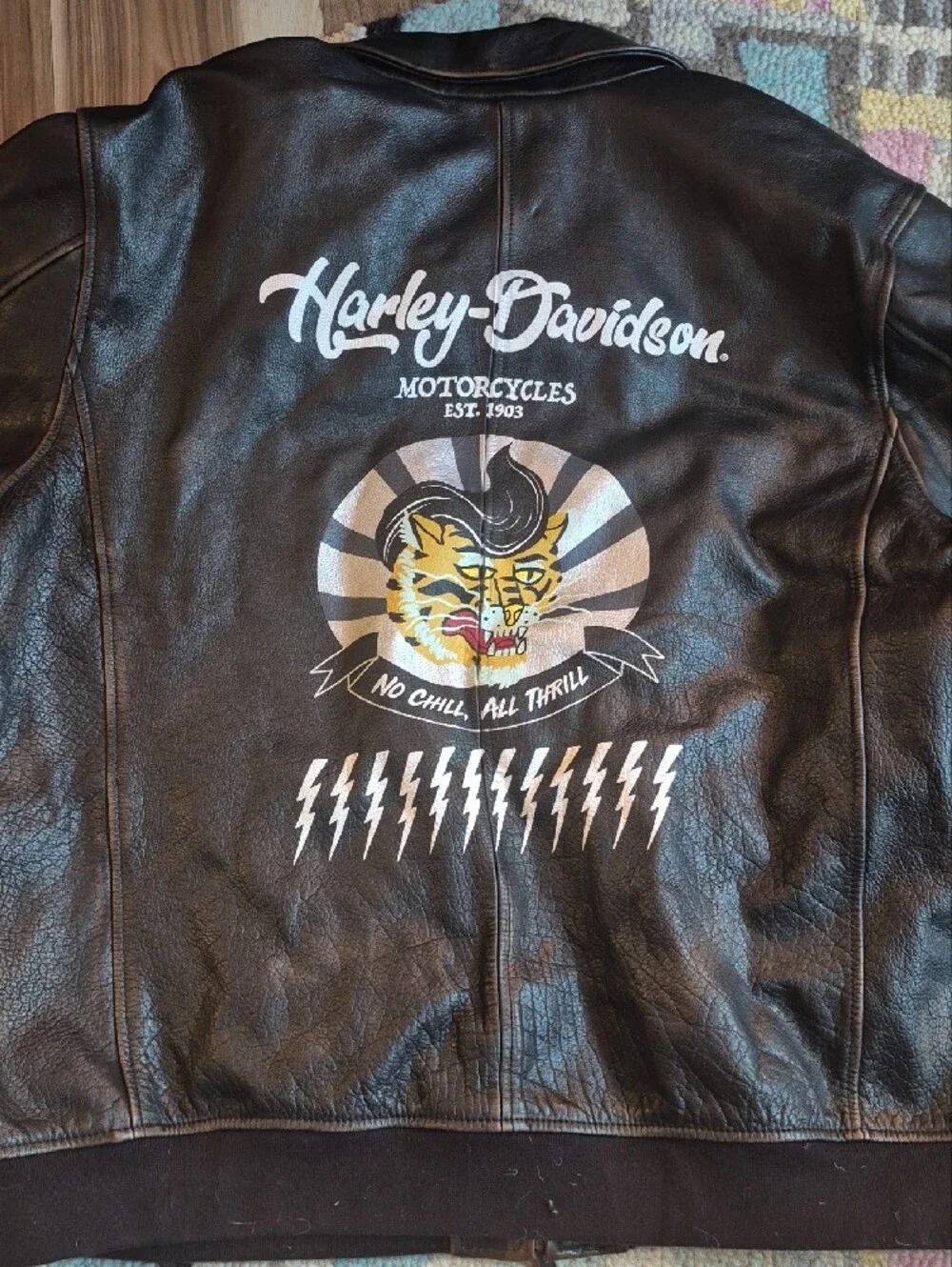 Harley-Davidson Brown Leather Bomber Jacket with Painted Accents And Kustom Kat.